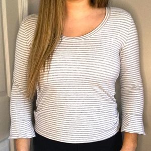 White and Grey Stripe Scoop Neck 3/4 Sleeve Shirt
